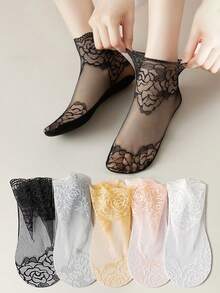 1/5 pares de calcetines invisibles de encaje fino para mujer, de verano, con silicona antideslizante, sin costuras, de corte bajo (sin cartón) - Multicolor - Ver 1