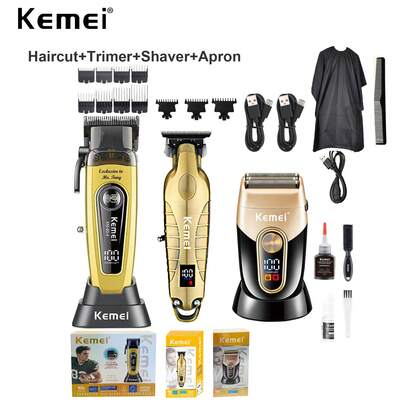 Kemei Bộ máy cắt và cạo râu điện chuyên nghiệp sạc USB, phù hợp cho nam giới, thân máy bằng kim loại, máy cạo râu không dây, KM-90-4, KM-2293 và KM-3209, bộ chăm sóc cá nhân hàng ngày cho nam giới, quà tặng sinh nhật, quà tặng Ngày của Cha, quà tặng bạn trai, bộ dụng cụ cắt, tỉa và cạo râu tại nhà.
