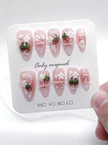 10Pcs Handmade Medium Almond Acrylic Press On Nails, Coquette French 3D Strawberry Fake Nails, Lace Bow Pearl Floral Nude Gradient Tips, Cottagecore Soft Girl Manicure For Bridal Vacation Daily Party Wear, Reusable Easy To Apply - Pink - View 3