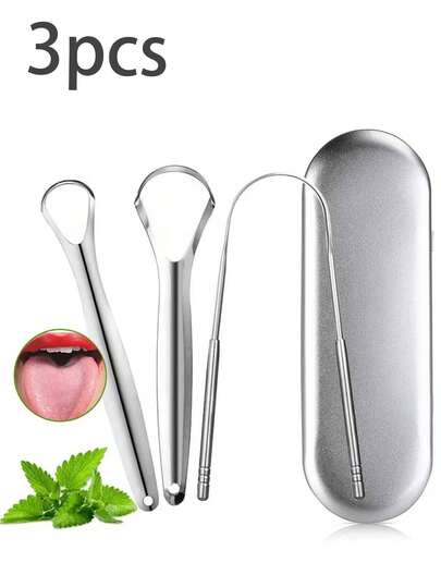 Bộ 1/2/3 dụng cụ cạo lưỡi bằng thép không gỉ kèm hộp đựng lớn, dụng cụ làm sạch lưỡi, dụng cụ chăm sóc răng miệng không mùi, mang lại hơi thở thơm mát, bao bì hộp quà sang trọng.