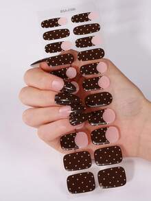 22pcs Spring/Summer Nude Brown Colour-Blocked French Polka Dot UV Free Gel Nail Strips, Playful Cute Gel Nail Stickers, No UV Damage, Protects Natural Nails, Easy To Use, Suitable For Women's Workplace Parties And Daily DIY Nail Art - Brown - View 3