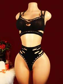 Bộ đồ lót hai mảnh màu xanh neon gợi cảm, lệch vai, ren, khoét chéo. - màu đen - Xem 1