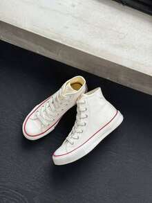 Shoes, Women's Shoes, Small White Shoes, Mid-Top Sneakers, Men's Shoes, Canvas Shoes, Spring/Autumn Style, Korean Version, Minimalist Fashion, High-Top Casual Lace-Up Athletic Shoes, Classic Mid-Top Canvas Shoes, Versatile Casual Skateboard Shoes - White - View 4
