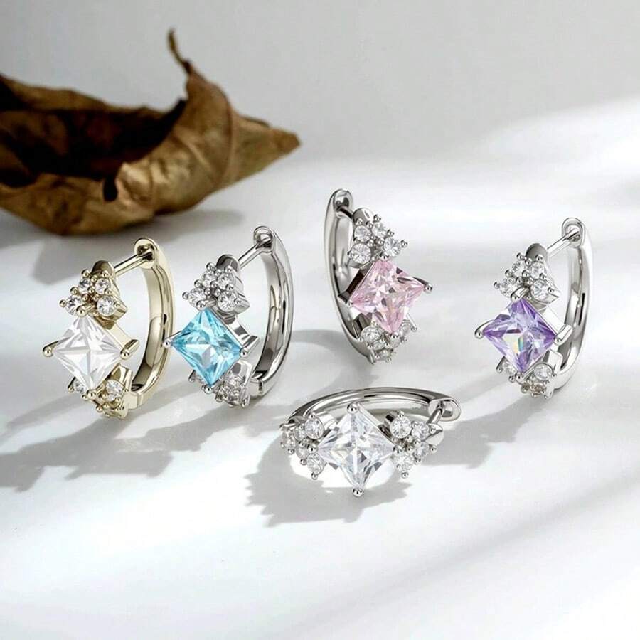 Khuyên tai đơn giản, sang trọng, đính đá Zirconia hình vuông, kiểu dáng thanh lịch dành cho nữ, thích hợp cho nhiều phong cách. - Nhiều màu - Xem 1