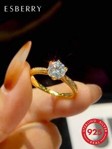 ESBERRY 1pc Moissanite Engagement Ring, S925 Sterling Silver Eternal Ring, Commitment Ring, Anniversary Ring, Luxury Jewelry Gift - Gold - View 2