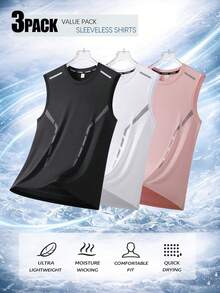 Bộ 3 áo ba lỗ nam, cổ tròn, áo thể thao mùa hè, thoáng khí, thấm hút mồ hôi, dáng ôm, phong cách thường ngày, màu đen/trắng/hồng. - Nhiều màu - Xem 9