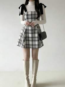 Đầm ngắn hai dây thắt nơ kẻ caro thời trang nữ, mùa xuân/hè - Đen và trắng - Xem 6
