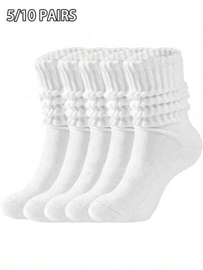 5/10 Pairs Minimalist Casual White Soft Knee-High Socks, Comfortable Socks, Terry Socks, Knee-High Socks And Sports Socks Suitable For All Seasons