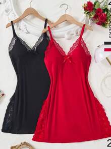 2 Pieces Of Lace-Joined Black + Red Romantic Side-Slit Halter Nightgowns, Suitable For Home Use, Parties, And As Holiday Gifts. - Multicolor - View 9
