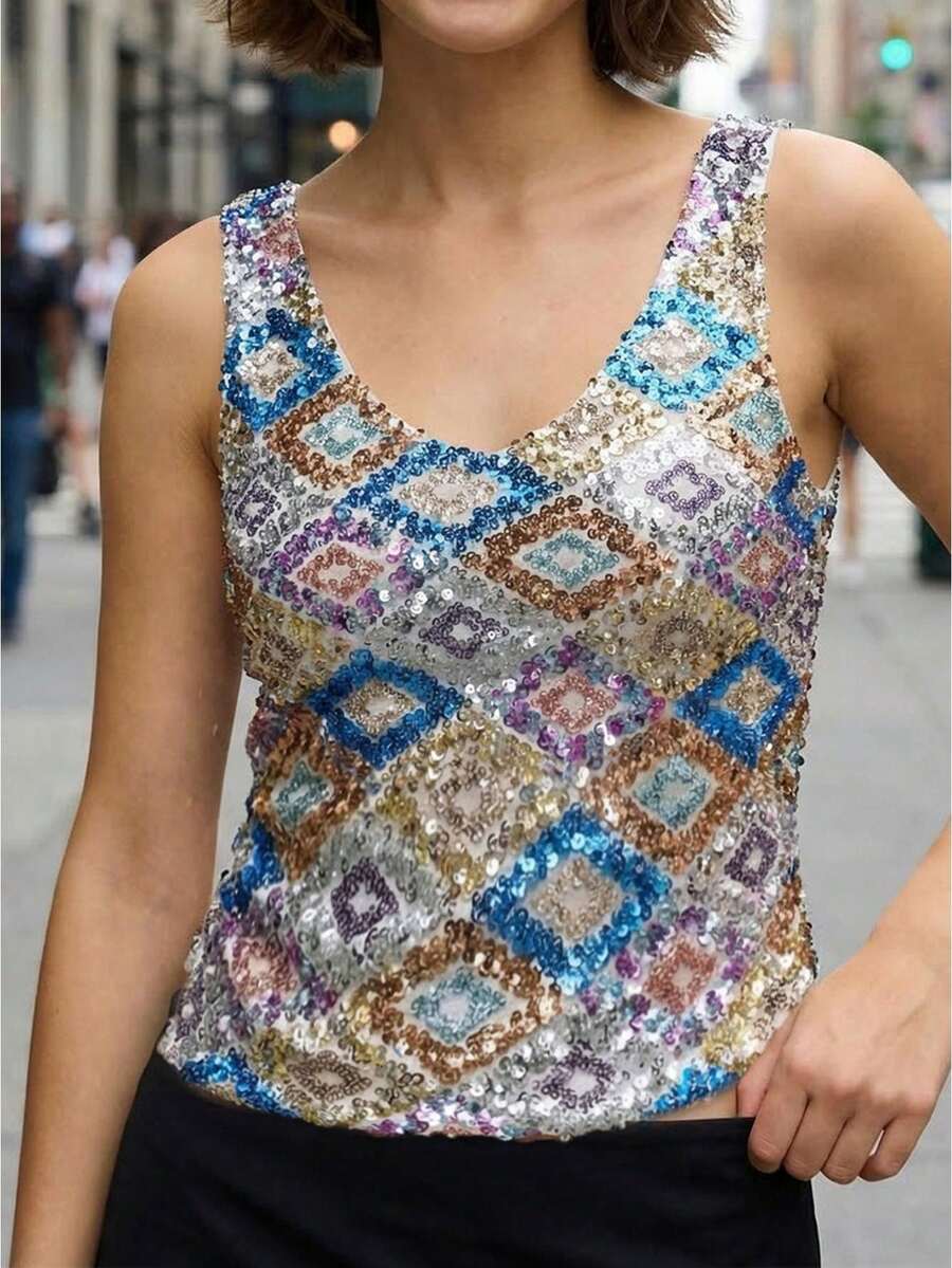 Women Y2K Sequin Tank Tops Contrast Sparkly V Neck Sleeveless Slim Vest Going Out Cami Top Stylish Summer Streetwear Club Party Night Out - Bạc - Xem 1