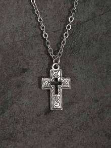 Gothic Style Cross Necklace - Silver - View 1