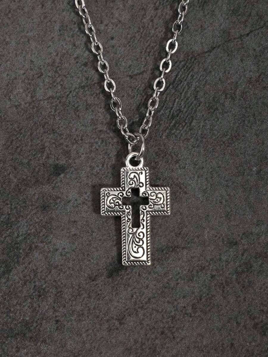Gothic Style Cross Necklace - Silver - View 1