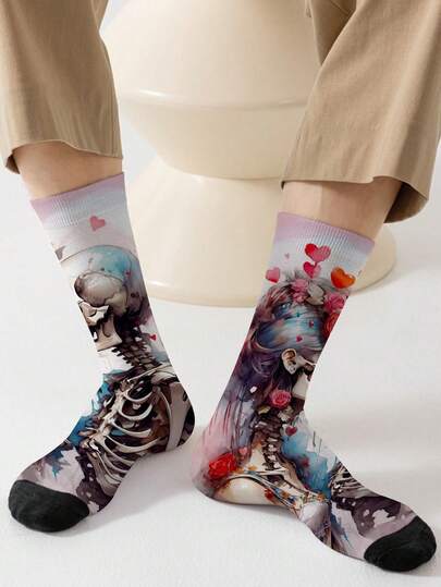 男士3D数码热转印360度印花趣味压缩中筒袜，情侣骷髅图案，男女通用原宿风无缝印花趣味新奇快乐船袜，适合作为男孩礼物，秋季款，也适合作为周年纪念日、复活节、母亲节、情人节、父亲节礼物、新娘礼物、男友礼物，高品质情侣袜，新款春夏女士长袜。适合日常穿着、办公、度假、户外运动、特殊场合。