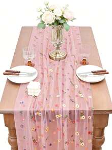 1Pc Pale Pink Embroidered Daisy Table Runner - A Floral-Themed, Sheer Tulle Runner Perfect For Mother's Day; The Ideal Choice For Festive Table Décor At Home Gatherings And Indoor Dining Areas. - 粉色 - 查看 6