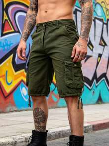 Men's Washed Cotton Cargo Shorts Lightweight Summer Comfortable Classic Multi-Pocket Casual Bottoms With Adjustable Drawstring Hem For Camping, Hiking, Fishing, Beach Vacation,Streetwear,Men Clothes - xanh quân đội - Xem 1