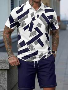 Men's Geometric All-Over Print Short Sleeve Polo Shirt And Drawstring Waist Shorts Set, Summer - Multicolor - View 4