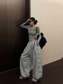女士纯色高腰直筒宽松休闲运动裤,带蝴蝶结 - 灰色 - 查看 7