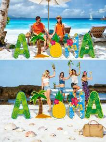 5件/1件 Aloha 庭院裝飾牌 Aloha 衝浪板標誌，夏威夷 Aloha 標誌套組－鮮豔熱帶設計，含棕櫚樹、鳳梨與花卉，耐用塑膠庭院裝飾，適用草坪、露台或花園，戶外裝飾 - A - 查看 6
