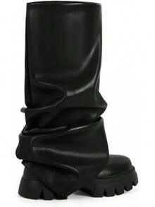 Women's Platform Round Toe Mid Calf Boots With Chunky Heel - M-black - View 9