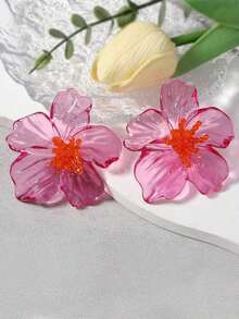 1 Pair ZAA Colorful Resin Flower Earrings, Luxury High-Quality Elegant Jewelry Accessories For Women, Suitable For Holidays And Parties - 玫紅色 - 查看 2