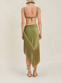 Women Sarong Turned Top Wrap Tie Up Crop Top Backless Beach Cover Up Boho Sexy Summer Vacation Top - màu xanh lá - Xem 8