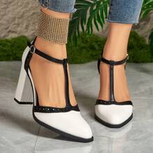 Contrast Color Casual PU Leather Patchwork Women's High Heels, Suitable For Party & All Seasons - White - View 2