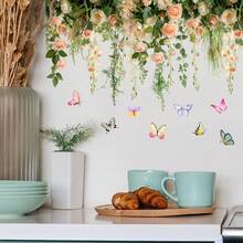 Romantic Hanging Rose Wall Sticker Set With Colorful Butterflies, Peach & Cream Floral Vine Decal For Bedroom Living Room, Waterproof Self-Adhesive Bathroom Decor Sticker Wall Stickers Wall Sticker Wall Decor Stickers Home Decor Art - T149 - View 1