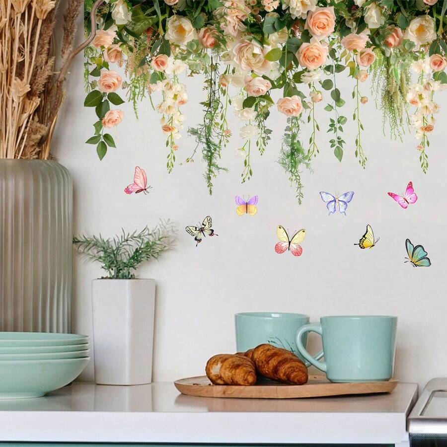 Romantic Hanging Rose Wall Sticker Set With Colorful Butterflies, Peach & Cream Floral Vine Decal For Bedroom Living Room, Waterproof Self-Adhesive Bathroom Decor Sticker Wall Stickers Wall Sticker Wall Decor Stickers Home Decor Art - T149 - View 1