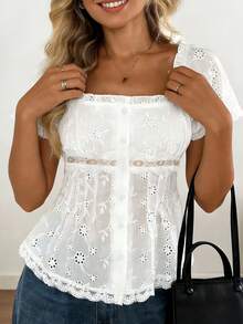 1pc Solid Color Embroidered Women's Summer Clothing, Lace Patchwork Square Collar Ladies Blouse, Fashionable Elegant Women Short Sleeve Shirt, Suitable For Vacation Casual Lovely Blouse, Best For Going Out Women, Easter Outfit White - White - View 1