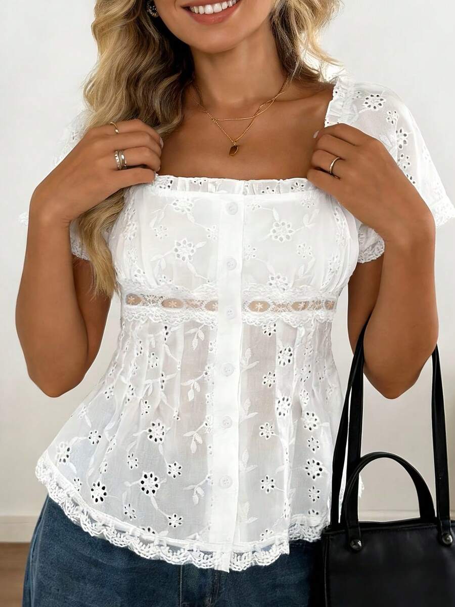 1pc Solid Color Embroidered Women's Summer Clothing, Lace Patchwork Square Collar Ladies Blouse, Fashionable Elegant Women Short Sleeve Shirt, Suitable For Vacation Casual Lovely Blouse, Best For Going Out Women, Easter Outfit White - White - View 1
