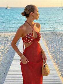 Đầm len nữ tối giản, thanh lịch, màu trơn, thích hợp cho kỳ nghỉ xuân/hè. - Màu đỏ tươi - Xem 5