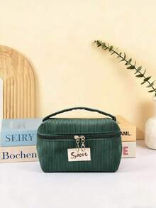 1pc Corduroy Makeup Bag With Letter Strap, Zipper Closure Portable Cosmetic Organizer, Suitable For Travel, Home, Unisex, All Seasons, Student Dorm, Mother's Day, Thanksgiving, New Year Gift - Multicolor - View 13