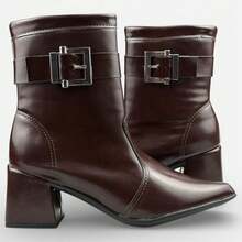 Women's Ankle Boot With Buckle, Medium Block Heel, Comfortable, Pointed Toe, Winter 2026, Formal/Casual - Rust Brown - View 3