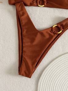 Women's Solid Color Metal Ring Detachable Bikini Set With Removable Straps, Summer Vacation Beach - Brown - View 6