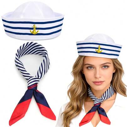 1/2 piezas Conjunto de Gorra y Bufanda de Marinero, Gorra de Marinero Blanca con Bufanda de Marinero, Accesorios de Disfraz de Sombrero de Marinero Adecuado para Hombres y Mujeres Fiesta de Marinero