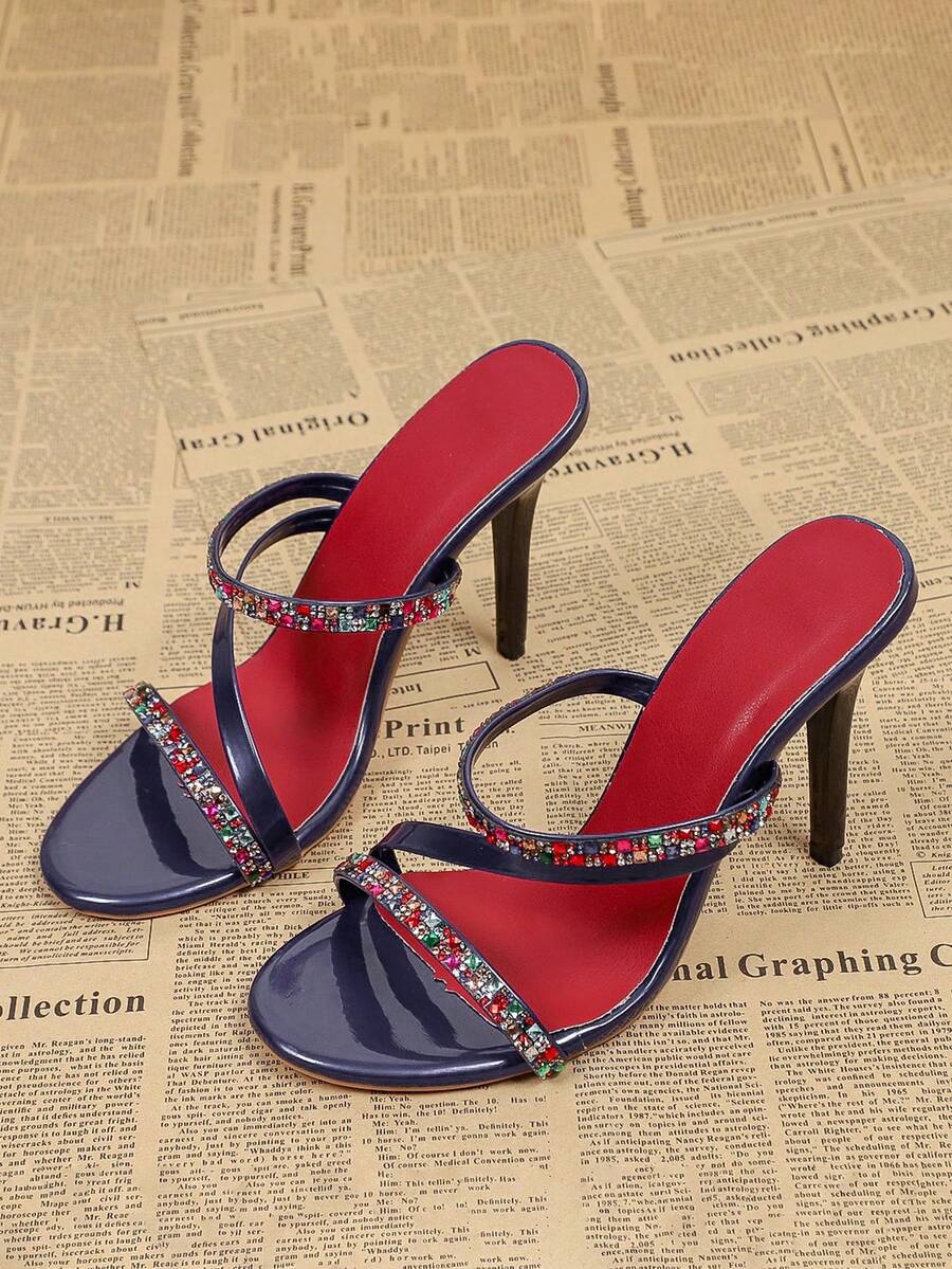 Giày sandal cao gót hở mũi đính đá lấp lánh thời trang dành cho nữ, sandal gót nhọn hở gót gợi cảm, thích hợp cho tiệc tùng, đám cưới, hộp đêm. - Màu xanh lam - Xem 1