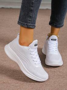 Women's Breathable Mesh Lace-Up Casual Sneakers, Suitable For Leisure Wear - White - View 2