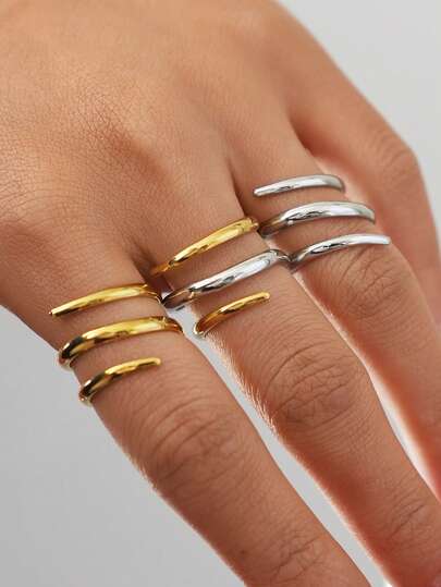 Frminee 3pcs/1pc Chunky Twisted Lines Gold Stainless Steel Ring, Stackable Two Color Mixed Metal Braided Statement Ring Fashion Jewelry, Waterproof Jewelry Gift