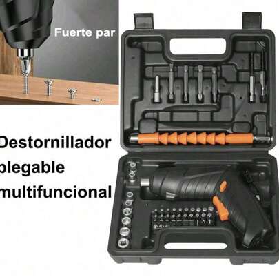 Juego de herramientas multifuncional de 47 piezas que incluye destornillador eléctrico, mini taladro con manguera, varias puntas de atornillado, cabezal de batería, interruptor de avance/retroceso y herramientas para reparaciones domésticas.