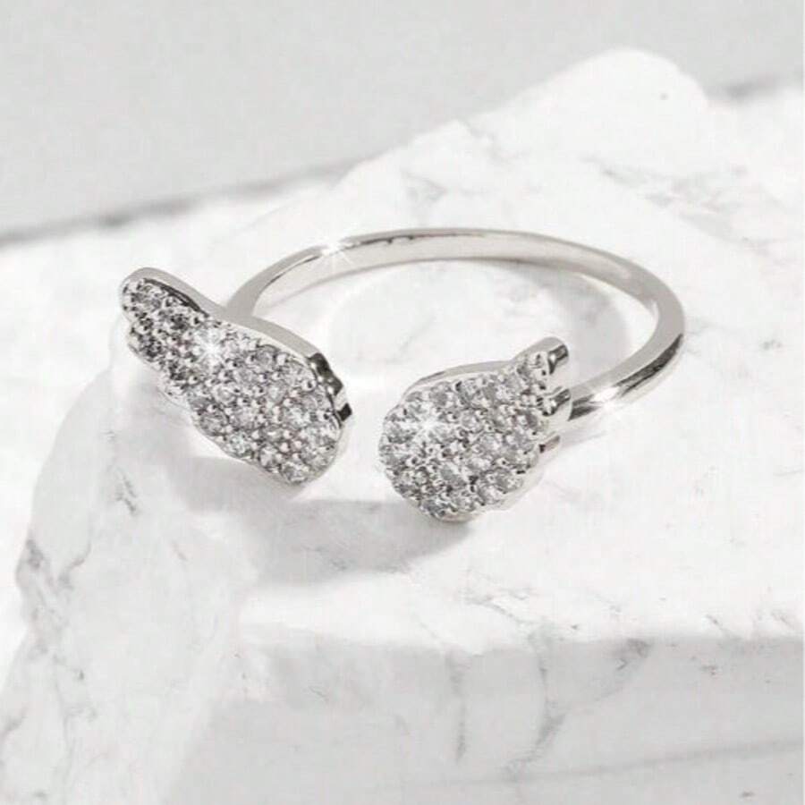 1 chiếc nhẫn hở hình cánh thiên thần đính đá Cubic Zirconia, kiểu dáng thời trang dành cho nữ. - vàng trắng - Xem 1