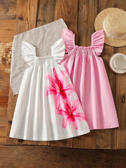 2pcs/Set Young Girls' Summer Cute Dress, Flare Sleeve Spaghetti Strap, Ruffle Design, Floral Print Pattern, Flounce Hem, Casual Sweet Minimalist A-Line Dress, Suitable For Vacation, Home, Outdoor, Back To School