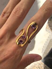VKHK 1pc Fashion 18K Gold Plated Stainless Steel Zirconia Decor Single Ring, Suitable For Women Daily And Wedding Wear, Gift - Multicolor - View 2