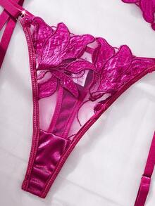 女士性感内衣套装，花卉刺绣薄纱文胸 - 中紫紅色 - 查看 5