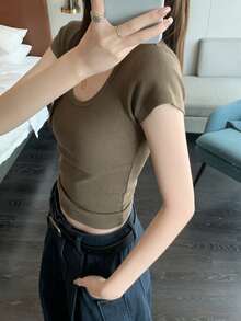 Áo thun nữ tay ngắn cổ chữ U vai thường màu trơn 2026, kiểu dáng ôm sát, thích hợp cho mùa xuân/hè. - màu nâu - Xem 3