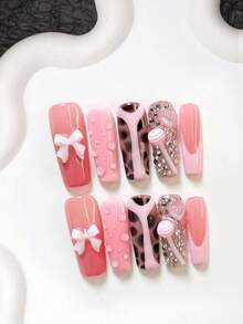 10pcs Sweet Personalized Handmade Nail Art Set, Including Gel Nail Decorations Like Bowknot, Lollipop, 3D Heart, Leopard Print, Brown & Pink Nail Polish, Suitable For Hot Girl Style, With Nail Tools (1 Jelly Sticker + 1 Nail File), 3 Sizes Available For Almond, Duck, Coffin Nails, Suitable For Party, Daily, Commute, Spring/Summer - Multicolor - View 18