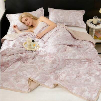 1pc Soft Washed Summer Quilt, Skin-Friendly Fabric, Full AB Filling Design, Colorfast Printing, Silky Smooth Feel, Breathable And Durable, Lightweight Summer Blanket, Fashionable Printed Comforter, Suitable For Home Bedroom Decor, Wedding Supplies, Valentine's Day, Easter Gifts, Mother's Day Gifts, All Seasons