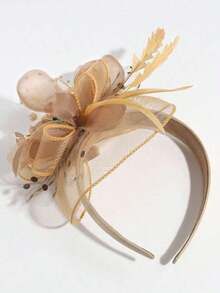 1pc Elegant Lady Feather Flower Faux Pearl Crystal Wide Headband, Suitable For Daily Gatherings Wearing, Hairband, Hair Hoop,Hair Accessories Headbands Head Accessories - 香檳酒 - 查看 4