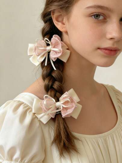 2个蕾丝网纱蝴蝶结发夹，甜美女孩发饰，休闲/假日/伴娘发型，洛丽塔连衣裙装饰