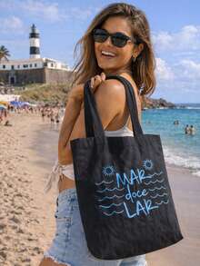 Ecobag Preta Mar doce Lar Bolsa de Moda Praia Sacola Feminina Ecológica Algodão Cru Tote Bag - Preto - Visão 4