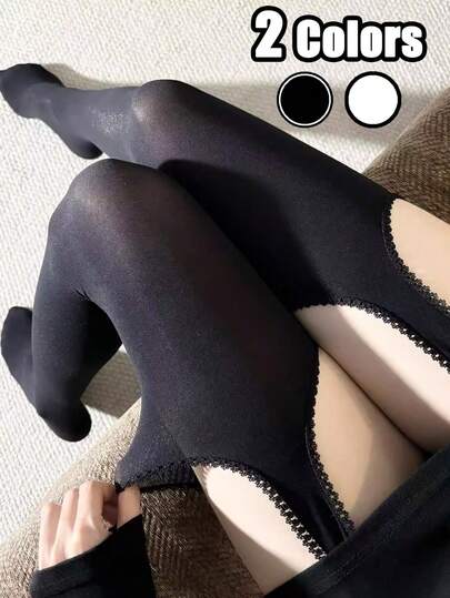 Women's Opaque Lace Trim Garter Thigh High Stockings, 2 Colors For Daily Wear & Party